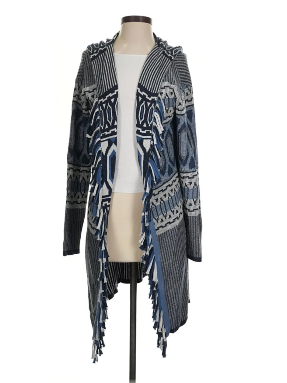 Sundance Blue Striped Hooded Fringe Duster Kimono Cardigan - Size S